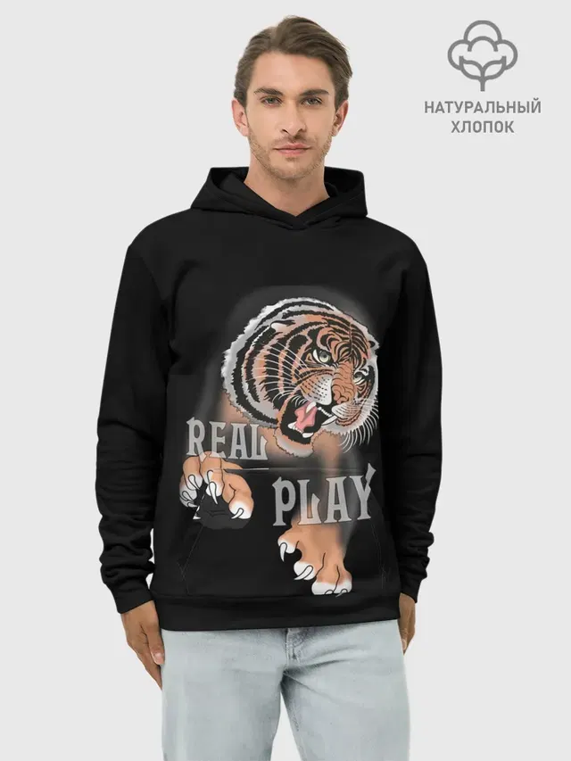 Худи мужской базовый хлопок с принтом «Real Play»