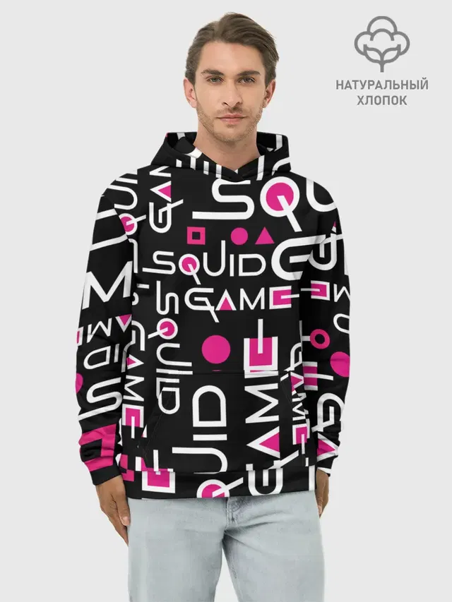 Худи мужской базовый хлопок с принтом «Игра в кальмара — SQUID GAME ЛОГО PINK»