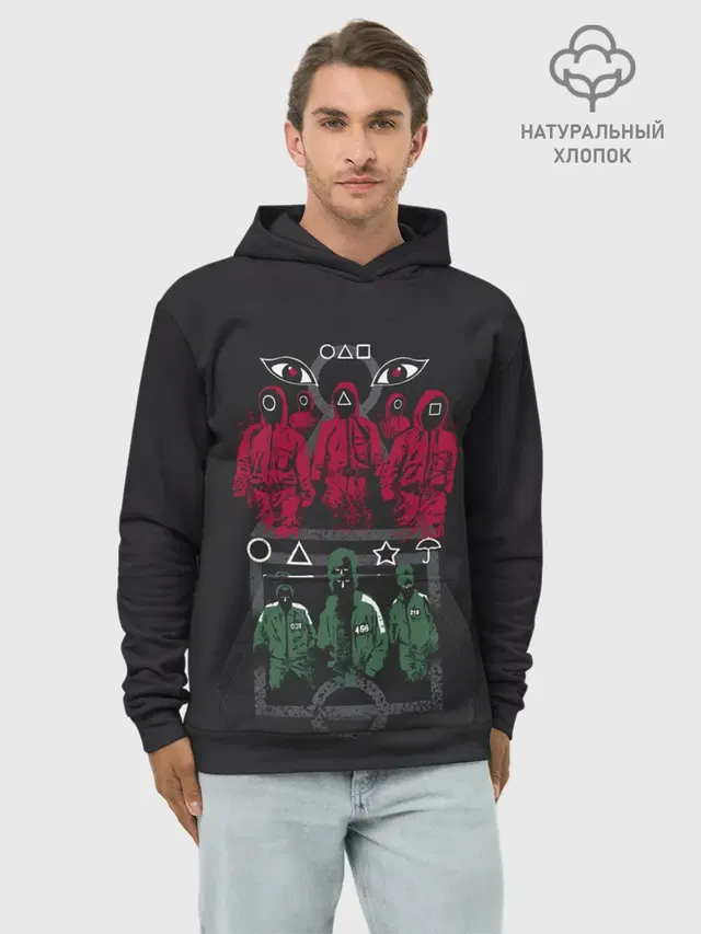 Худи мужской базовый хлопок с принтом «Игра в кальмара — Опасная игра»