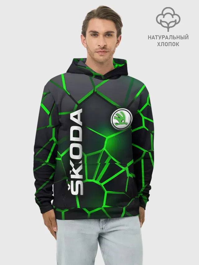 Худи мужской базовый хлопок с принтом «Skoda — 3D плиты с подсветкой Шкода»