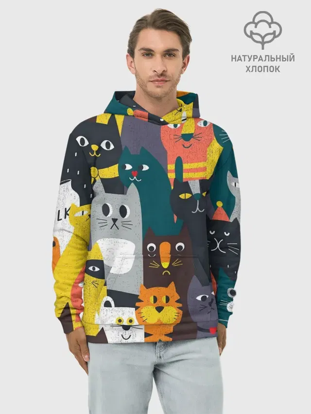 Худи мужской базовый хлопок с принтом «Коты и кошки — крутые коты»