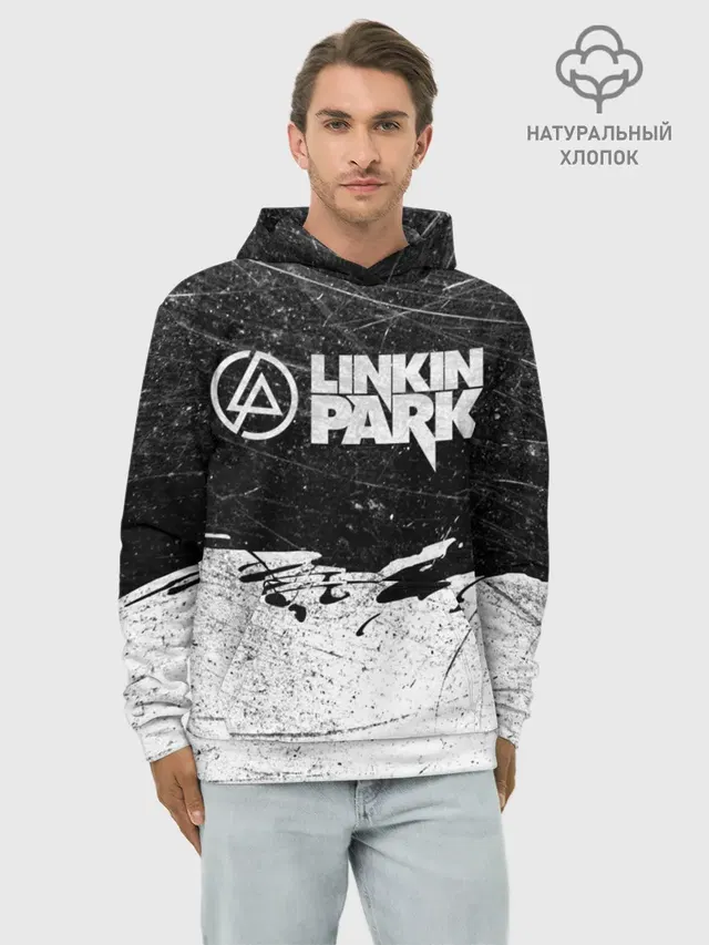 Худи мужской базовый хлопок с принтом «Rock music — Линкин Парк Лого Рок ЧБ — Linkin Park Rock»