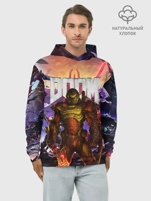 Худи мужской базовый хлопок с принтом «Дум — DOOM ETERNAL — ДУМ БИТВА В АДУ»
