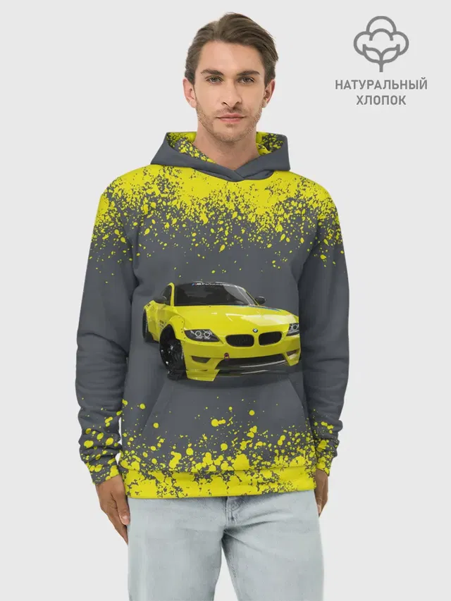 Худи мужской базовый хлопок с принтом «BMW — ЖЕЛТЫЙ ПЕРФОРМАНС»