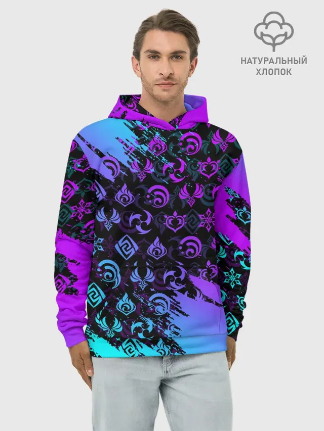 Худи мужской базовый хлопок с принтом «Геншин Импакт — GENSHIN NEON PATTERN SYMBOL — НЕОН ЭМБЛЕМЫ»