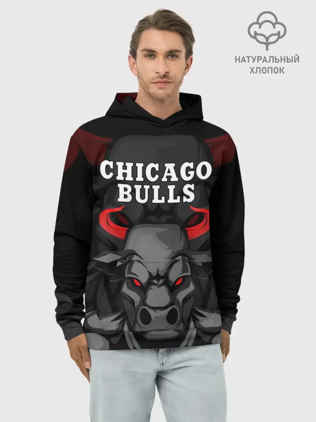 Худи мужской базовый хлопок с принтом «НБА — CHICAGO BULLS ЯРОСТНЫЙ БЫК»