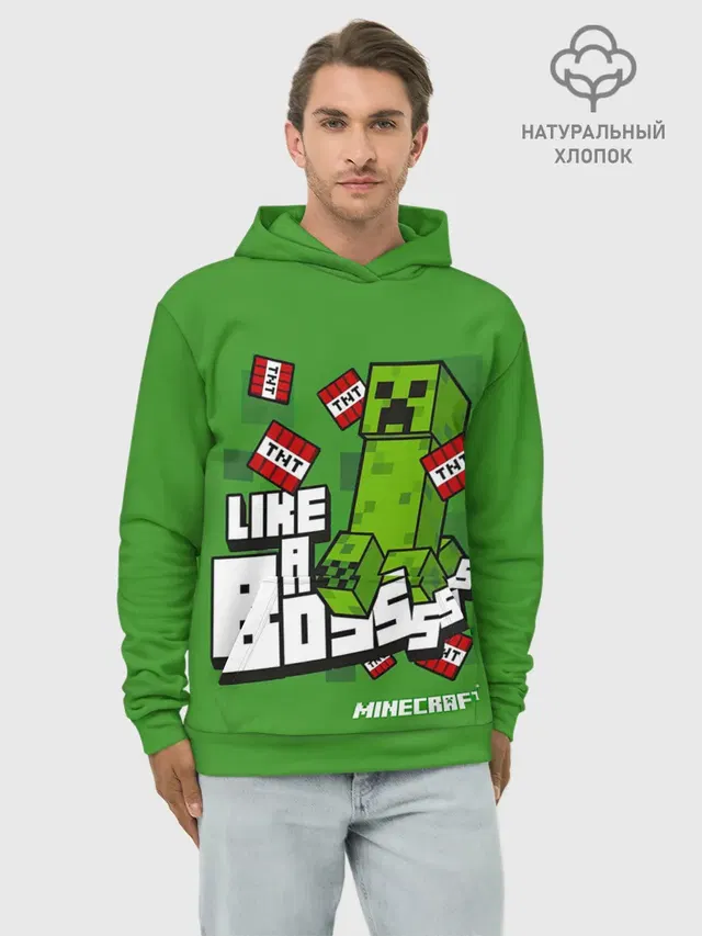 Худи мужской базовый хлопок с принтом «Майнкрафт — LIKE A BOSS Minecraft Creepe»