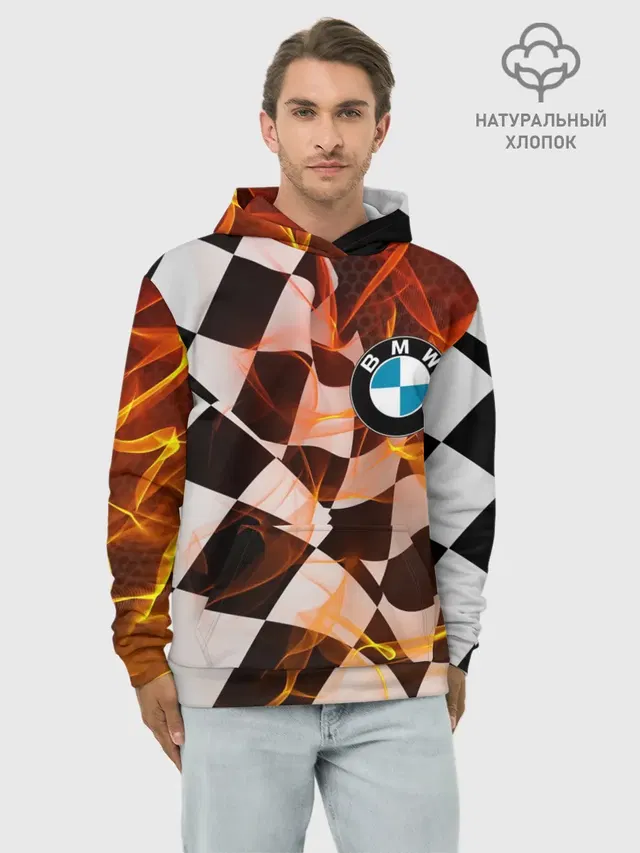 Худи мужской базовый хлопок с принтом «BMW — BMW RACING — FIRE RACING»