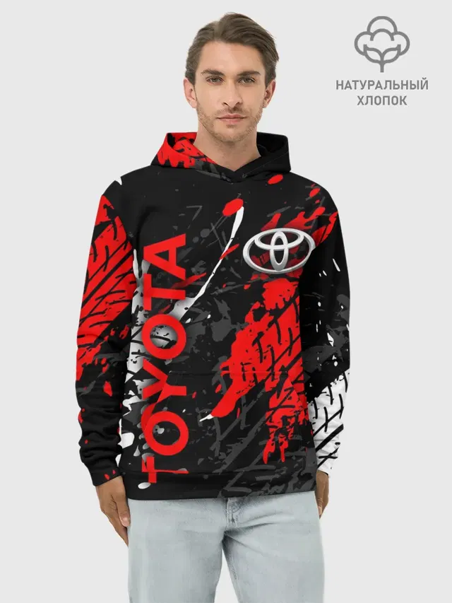 Худи мужской базовый хлопок с принтом «Тойота — TOYOTA RED — TOYOTA SPORT»