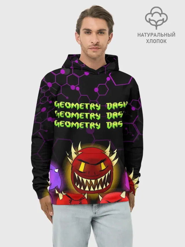 Худи мужской базовый хлопок с принтом «Geometry Dash — GEOMETRY DASH DEMONS — ДЕМОНЫ»