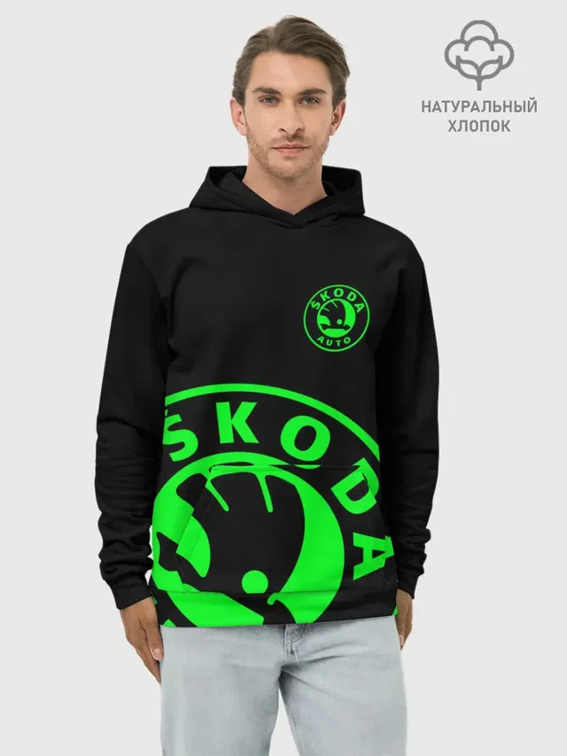 Худи мужской базовый хлопок с принтом «Skoda — SKODA GREEN LOGO BLACK STYLE»