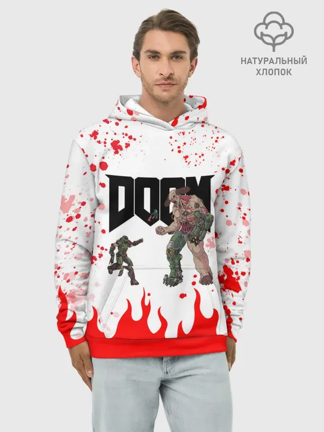 Худи мужской базовый хлопок с принтом «Дум — Doomguy vs Cyberdemon»