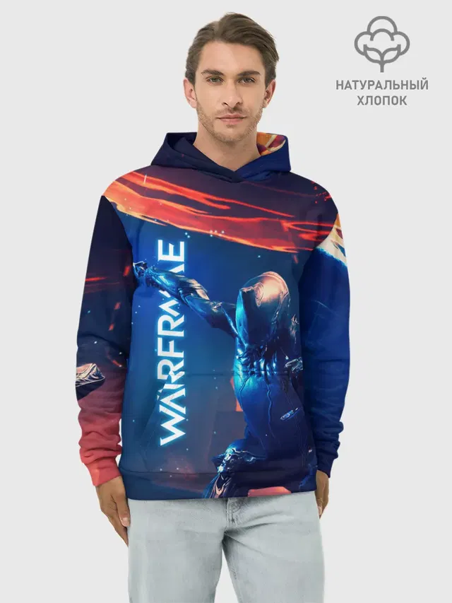 Худи мужской базовый хлопок с принтом «Waframe Neon Katana Fire»