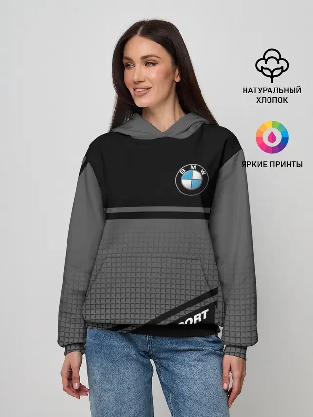 Женское худи с принтом «BMW — BMW SPORT — БМВ СПОРТ»