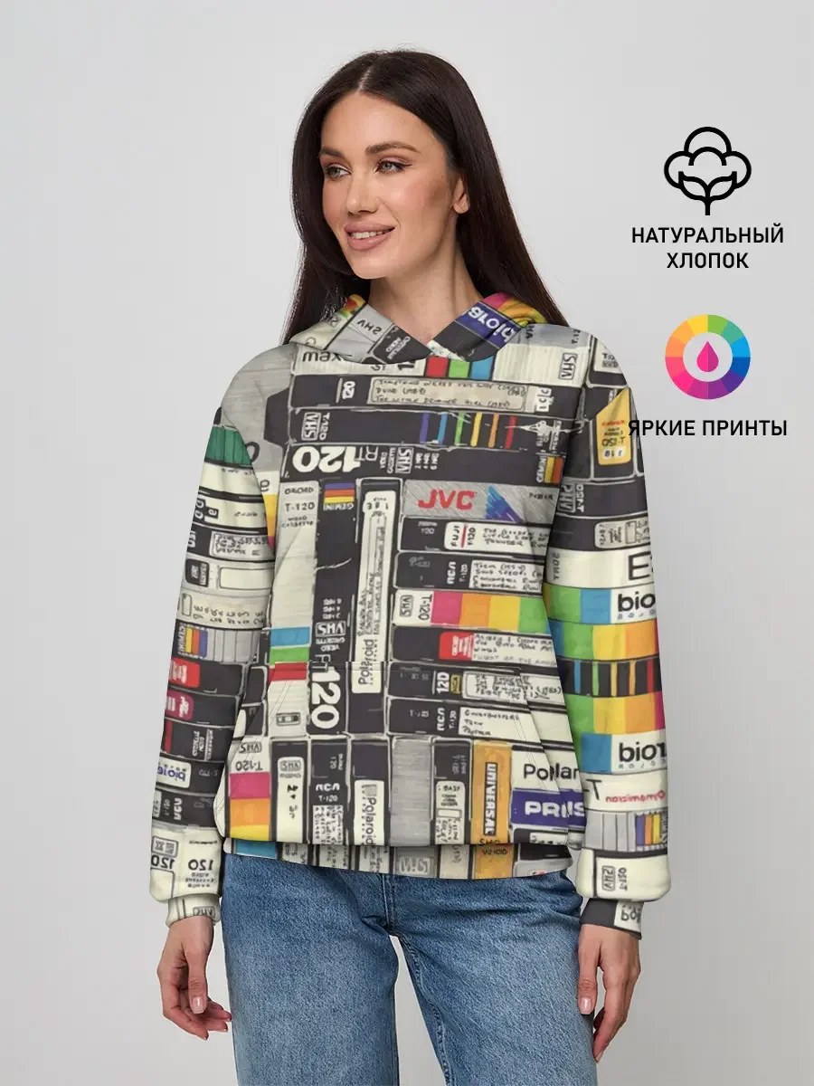Женское худи с принтом «Retro — VHS-кассеты», вид спереди