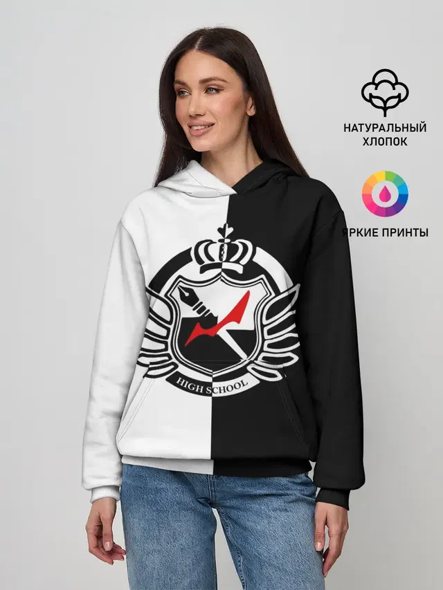 Женское худи с принтом «MONOKUMA SCHOOL с фоном»