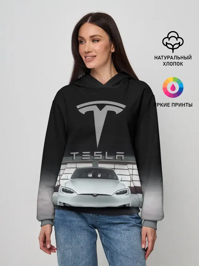 Женское худи с принтом «Разные автомобильные — TESLA»