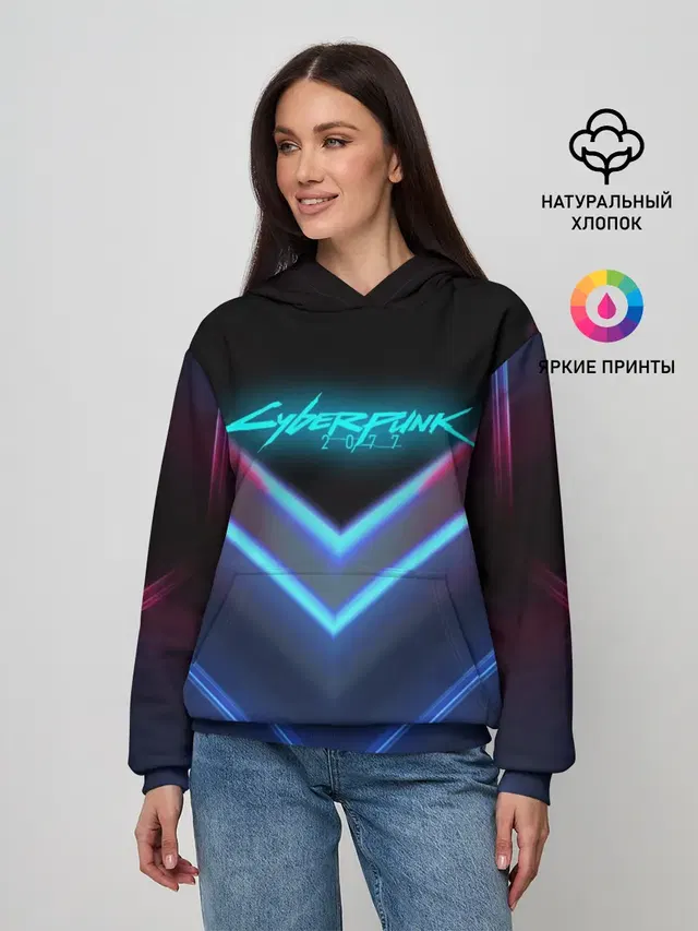 Женское худи с принтом «Cyberpunk 2077 — CYBERPUNK 2077 NEON — НЕОН»