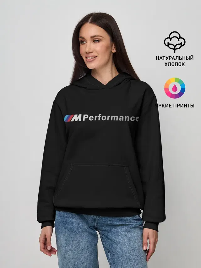 Женское худи с принтом «BMW — BMW PERFORMANCE — ЧЁРНЫЙ БМВ»