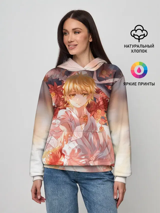 Женское худи с принтом «Yukine — БЕЗДОМНЫЙ БОГ. Юкинэ в цветах»