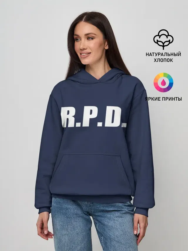 Женское худи с принтом «Raccoon Police Department — R.P.D. LEON S.KENNEDY»