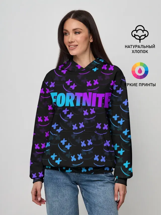 Женское худи с принтом «Фортнайт — FORTNITE MARSHMELLO NEON»