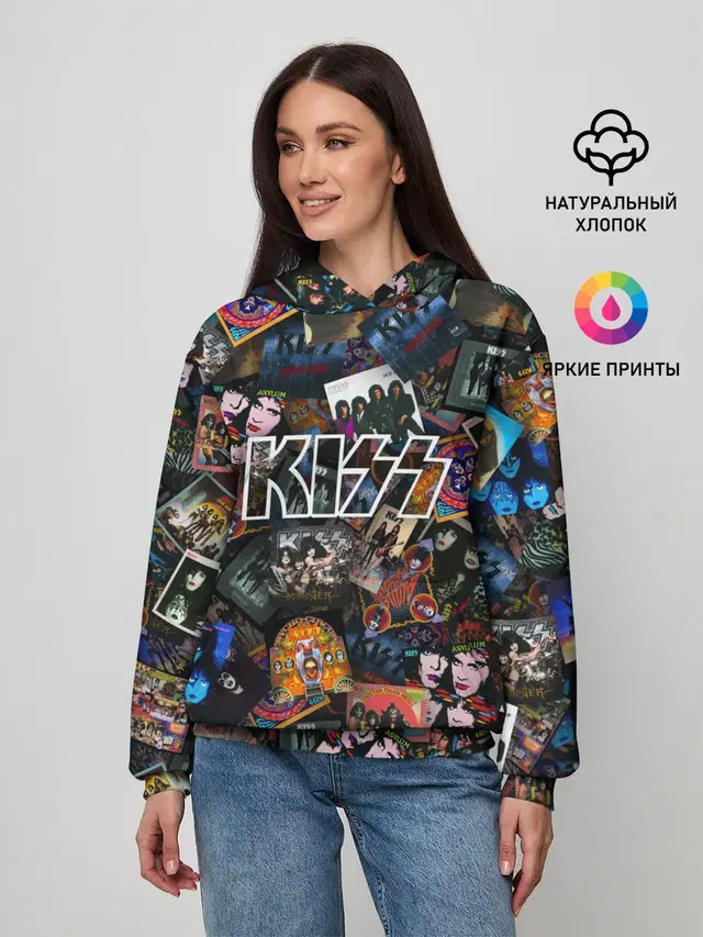 Женское худи с принтом «Дискография KISS»