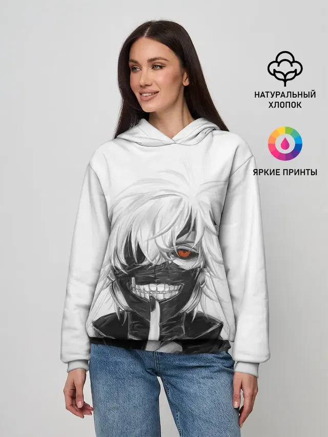 Женское худи с принтом «Токийский Гуль — Kaneki Ken в анфас»