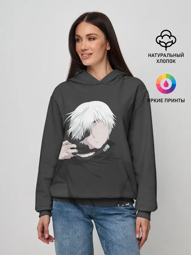 Женское худи с принтом «Токийский Гуль — Kaneki Ken снимает маску»