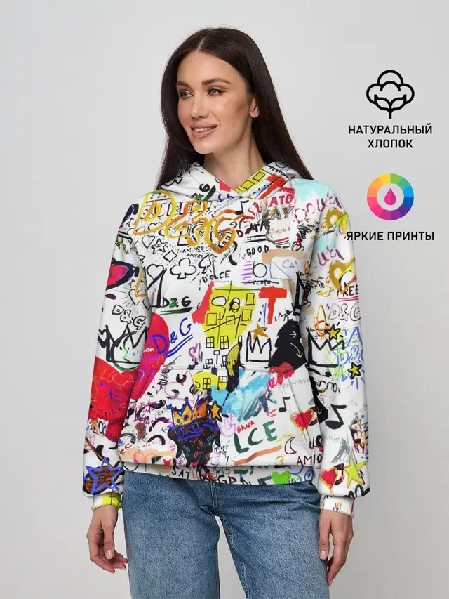 Женское худи с принтом «Трендовые надписи — DG paint»