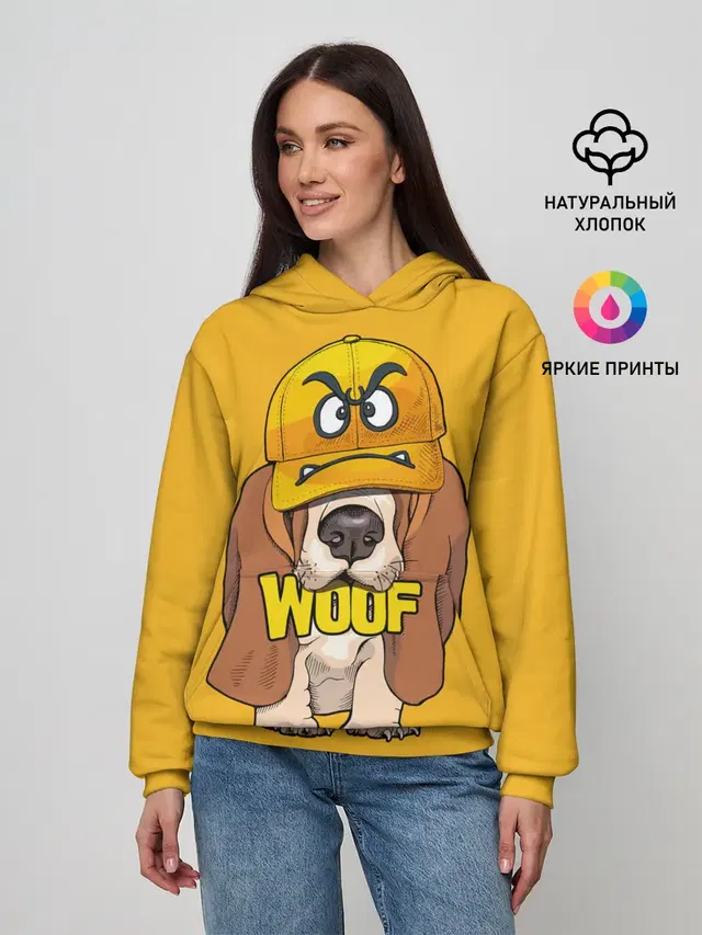 Женское худи с принтом «Бассет-хаунд — Woof»