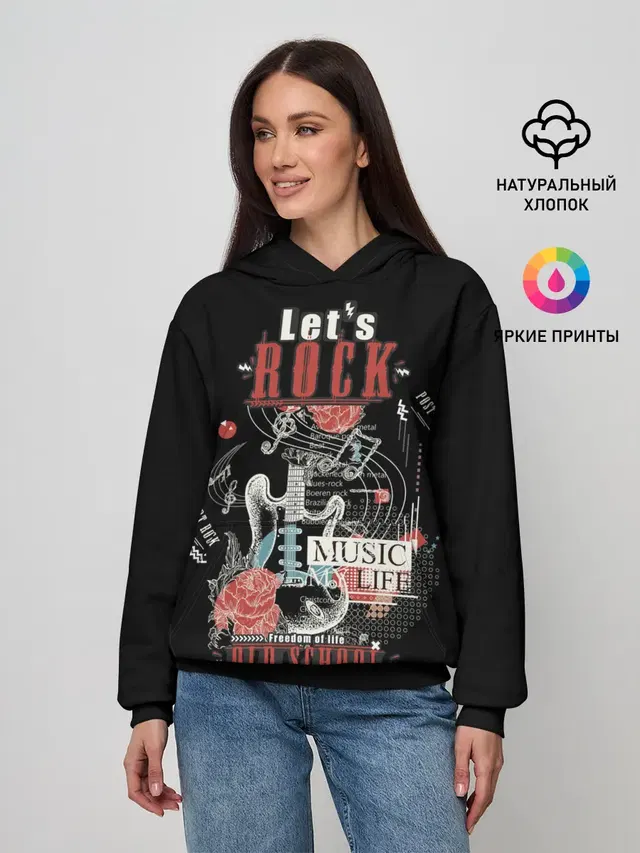 Женское худи с принтом «Разный рок — Lets Rock»