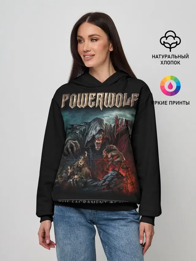 Женское худи с принтом «Разный рок — Powerwolf»