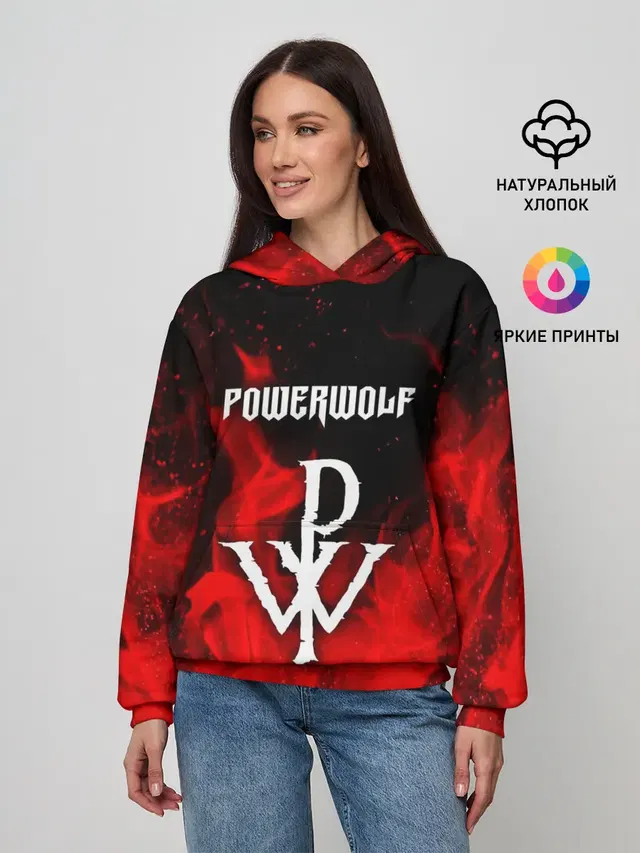 Женское худи с принтом «Разный рок — POWERWOLF»