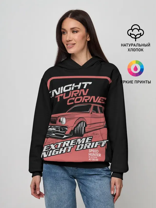 Женское худи с принтом «Разные автомобильные — Extreme night drift»