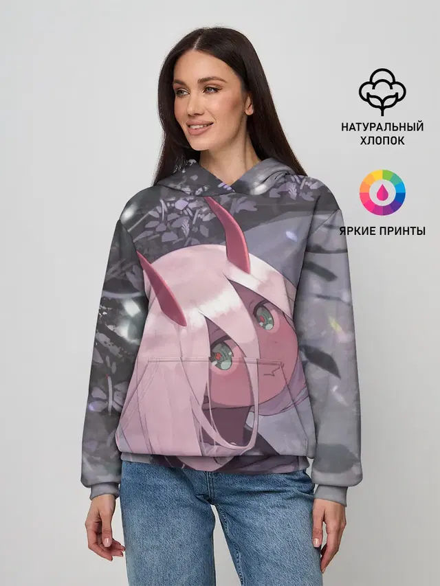Женское худи с принтом «Darling in the FranXX — Ноль два арт серый»