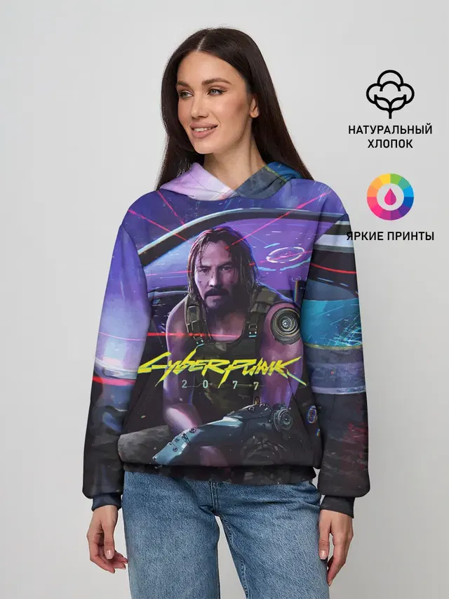 Женское худи с принтом «Cyberpunk 2077 — CYBERPUNK 2077 - КИАНУ»
