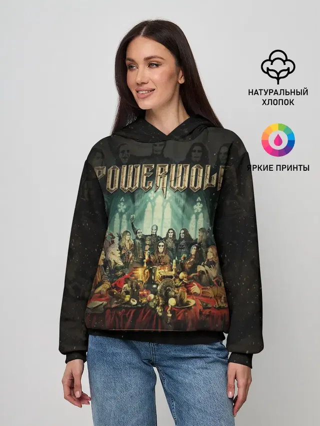 Женское худи с принтом «Разный рок — Powerwolf»