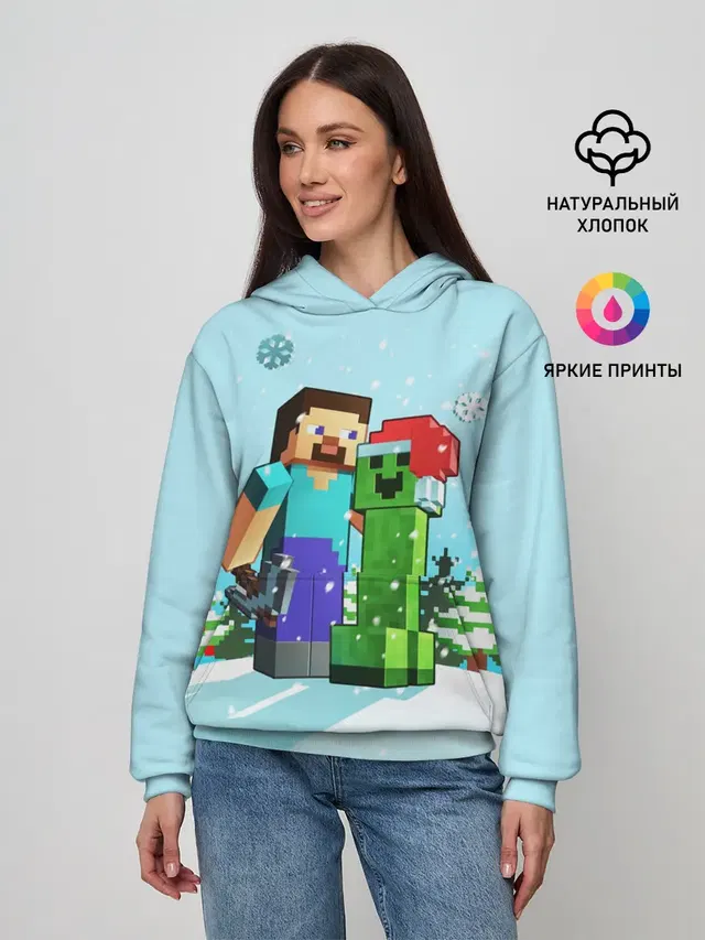 Женское худи с принтом «Майнкрафт — MINECRAFT НОВОГОДНИЙ»