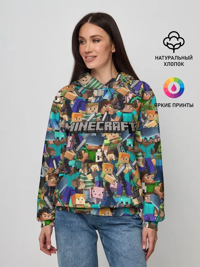 Женское худи с принтом «Майнкрафт — MINECRAFT ПЕРСОНАЖИ»