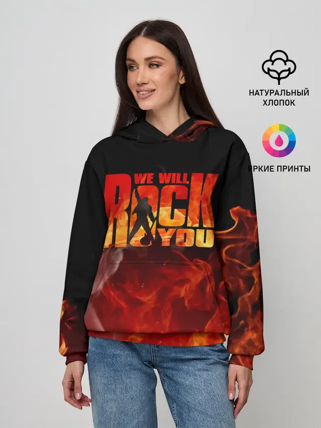 Женское худи с принтом «Fire — Queen - We Will Rock You»
