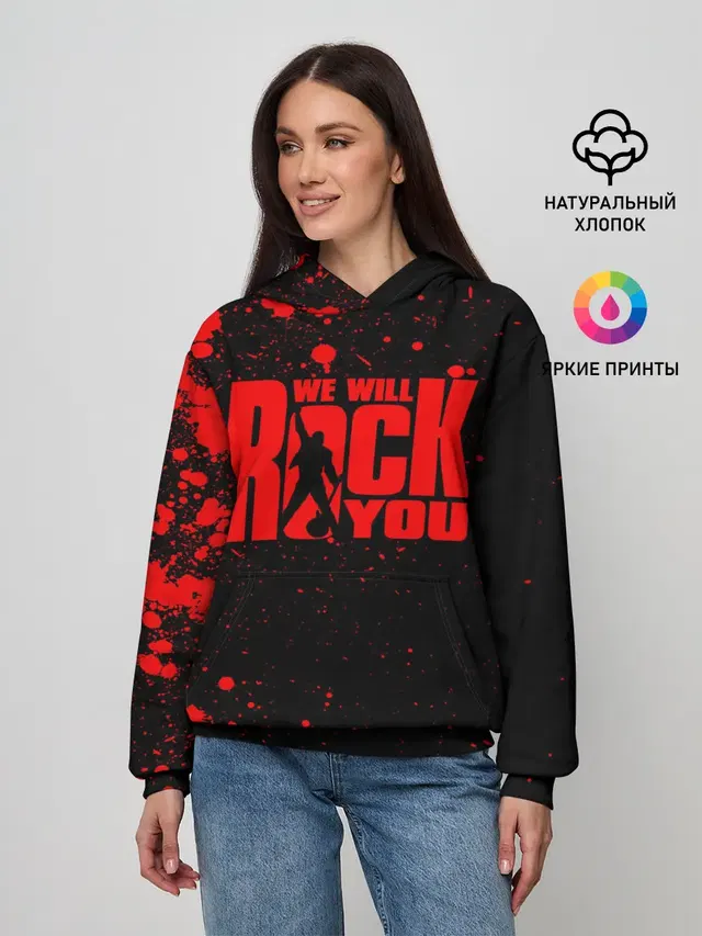 Женское худи с принтом «Paint splatter — Queen - We Will Rock You»