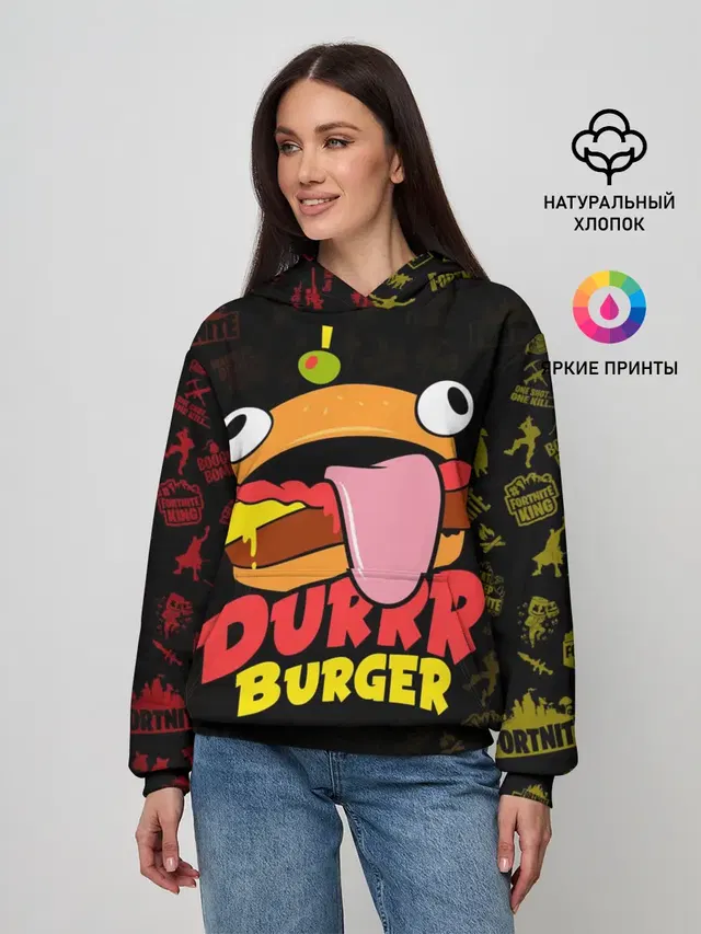 Женское худи с принтом «Фортнайт — Fortnite Durrr Burger»