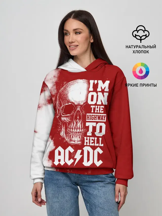 Женское худи с принтом «Human skull — Im on the highway to hell AC/DC»