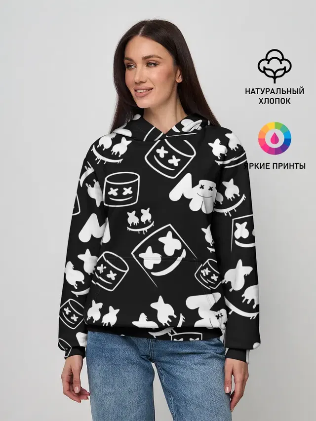 Женское худи с принтом «Marshmello — Marshmello ЧБ»