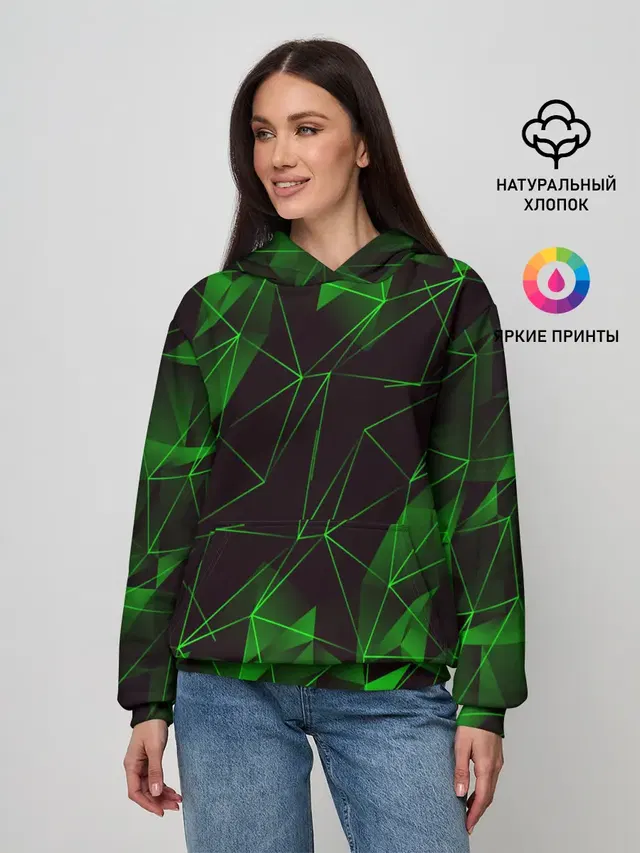 Женское худи с принтом «Геометрия — GREEN STRIPES — ЗЕЛЕНАЯ ГЕОМЕТРИЯ»