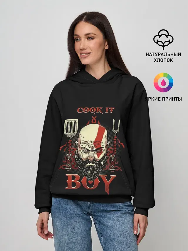Женское худи с принтом «God of war — God of War. Cook it Boy»