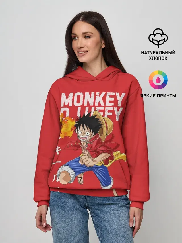 Женское худи с принтом «Ван Пис — Monkey D. Luffy на красном»