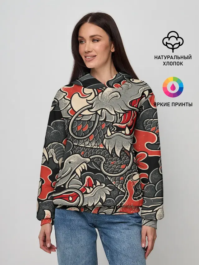 Женское худи с принтом «Популярные — Dsquared tatoo DRAGON»