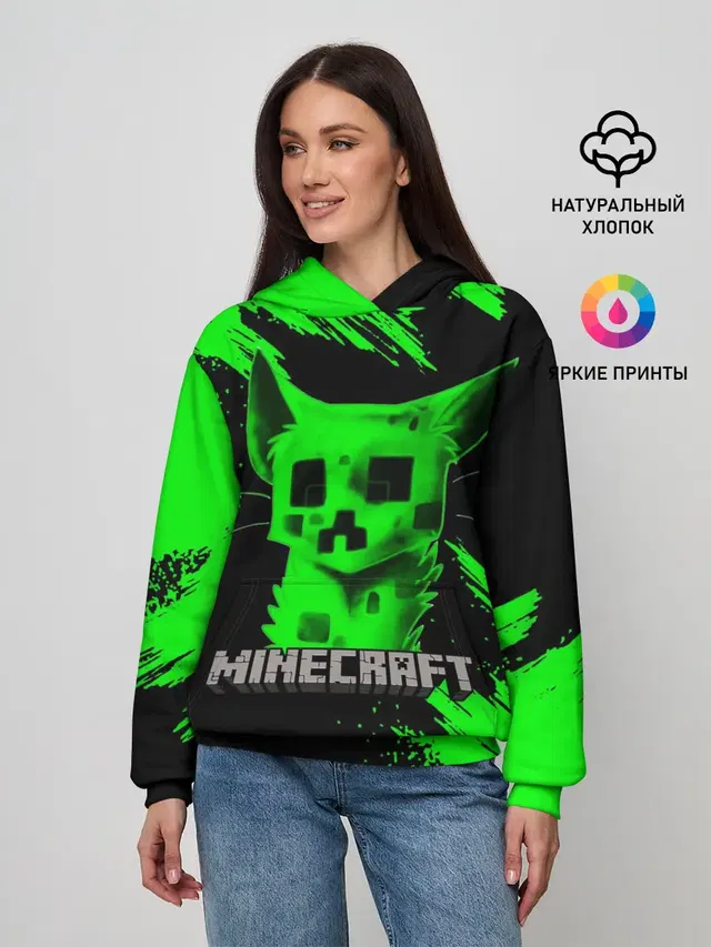 Женское худи с принтом «Майнкрафт — MINECRAFT CREEPER CAT»
